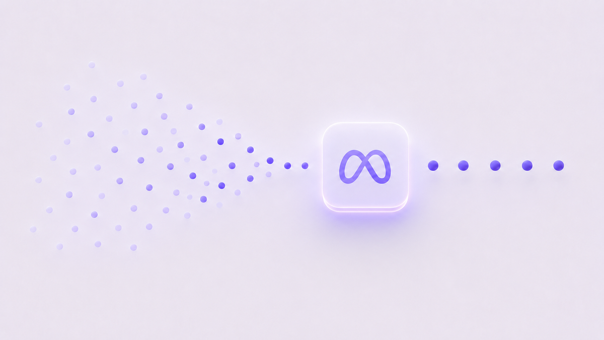 Scattered conversion events flowing into the Meta logo and emerging as a clean filtered signal, illustrating CAPI new-customer event filtering