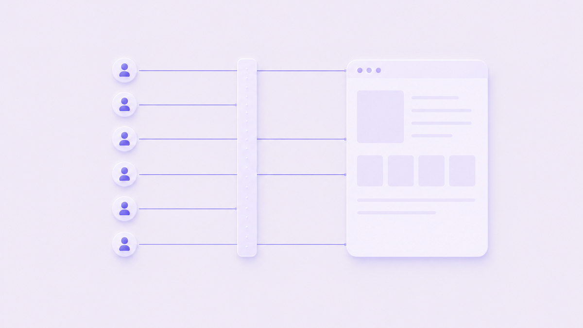 Six visitor icons on the left, a vertical filter intercepting some of their connections to a website on the right; visualizing how blocking tech prevents tracking from firing